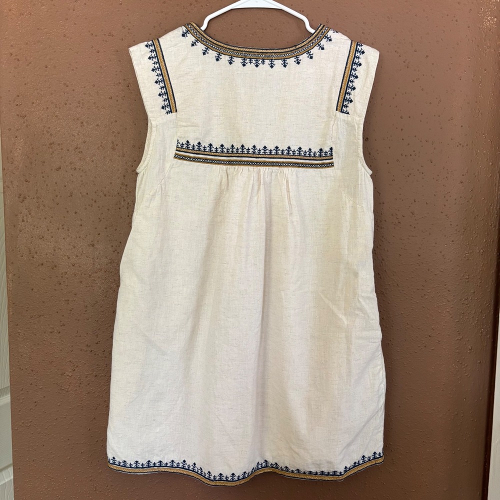 World Market Embroidered Cotton Linen Boho Shift Dress Cream Navy SM - Picture 5 of 9